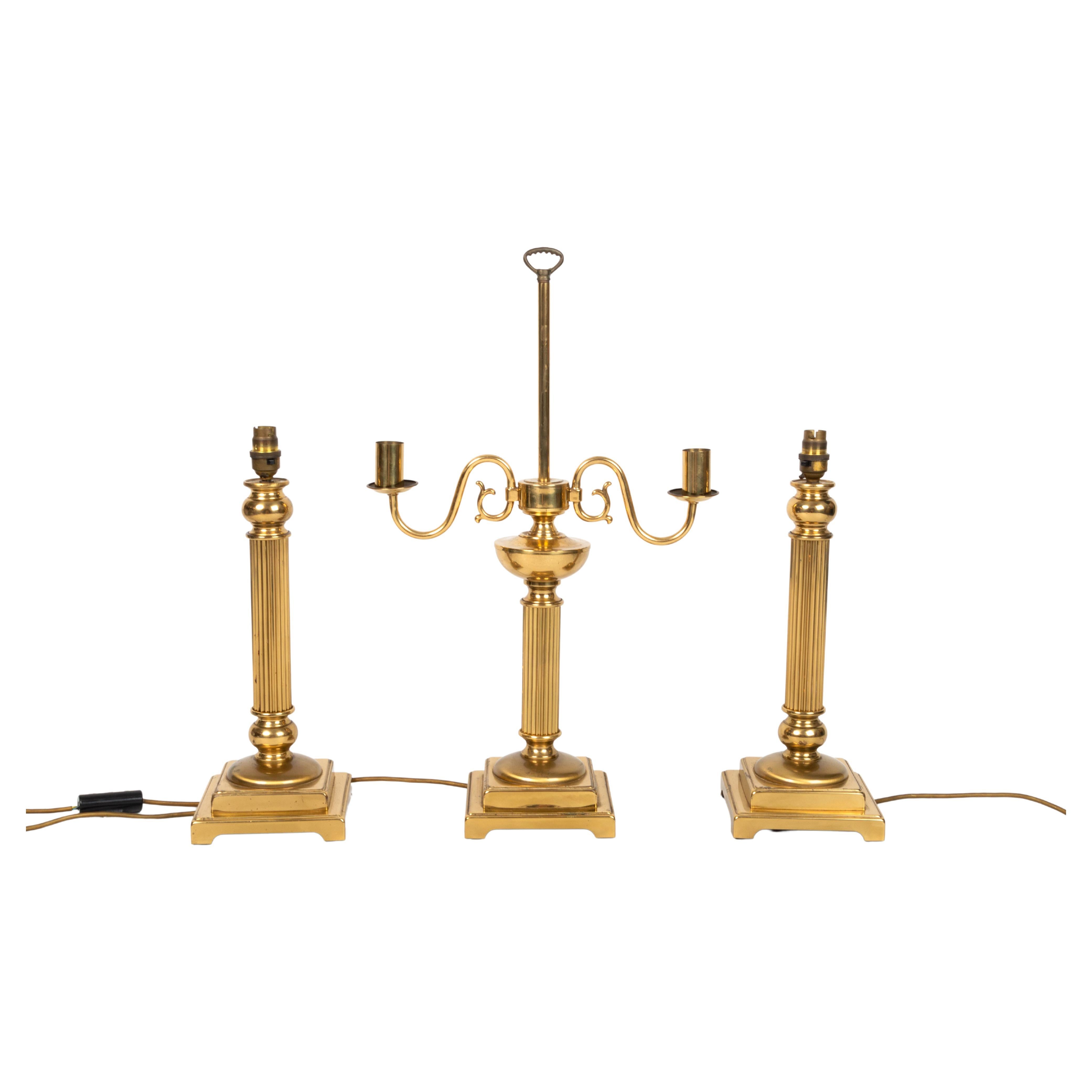 Trio of English Neoclassical Corinthian Column Candelabra Brass Table Lamps For Sale