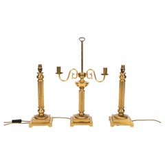 Vintage Trio of English Neoclassical Corinthian Column Candelabra Brass Table Lamps