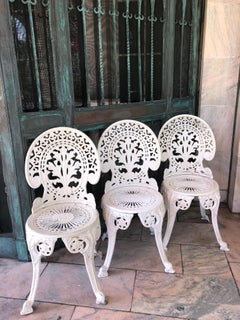 Trio of Faceted Metal Fancy French Belle Époque Revival Aluminum Cafe Chairs