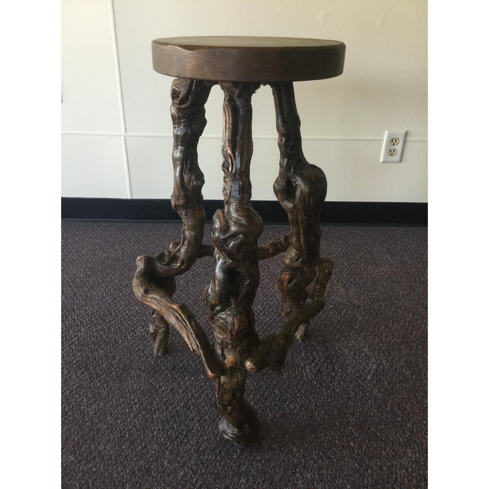 Set of 3 very unique artisan handcrafted French bar stools having grape vine roots for legs which are naturally twisted, thick and very solid. Top is made of oak.