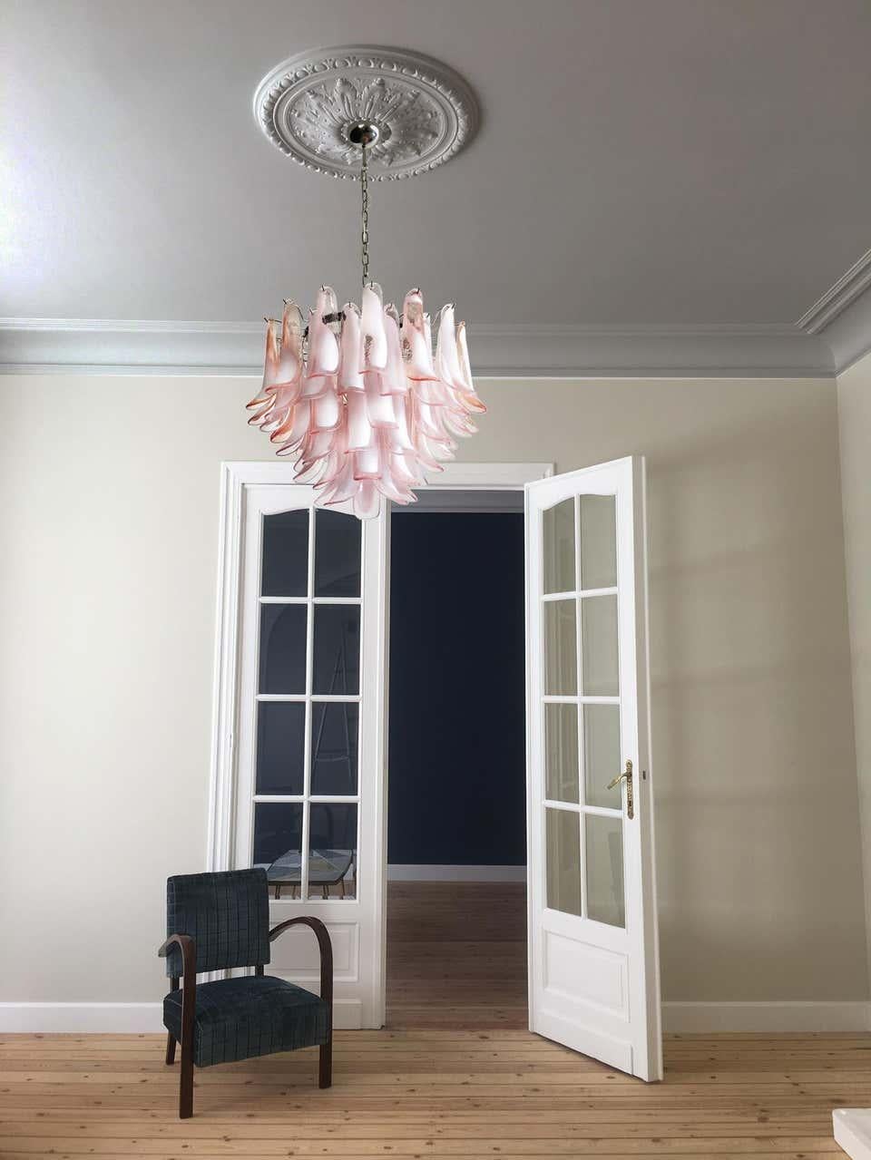 Trio of 'Flamingo' Italian 53 Pink Petal Chandeliers, Murano For Sale 5