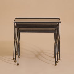 Trio of French Iron + Glass Nesting Tables in the Manner of Jean Royère, 1950s