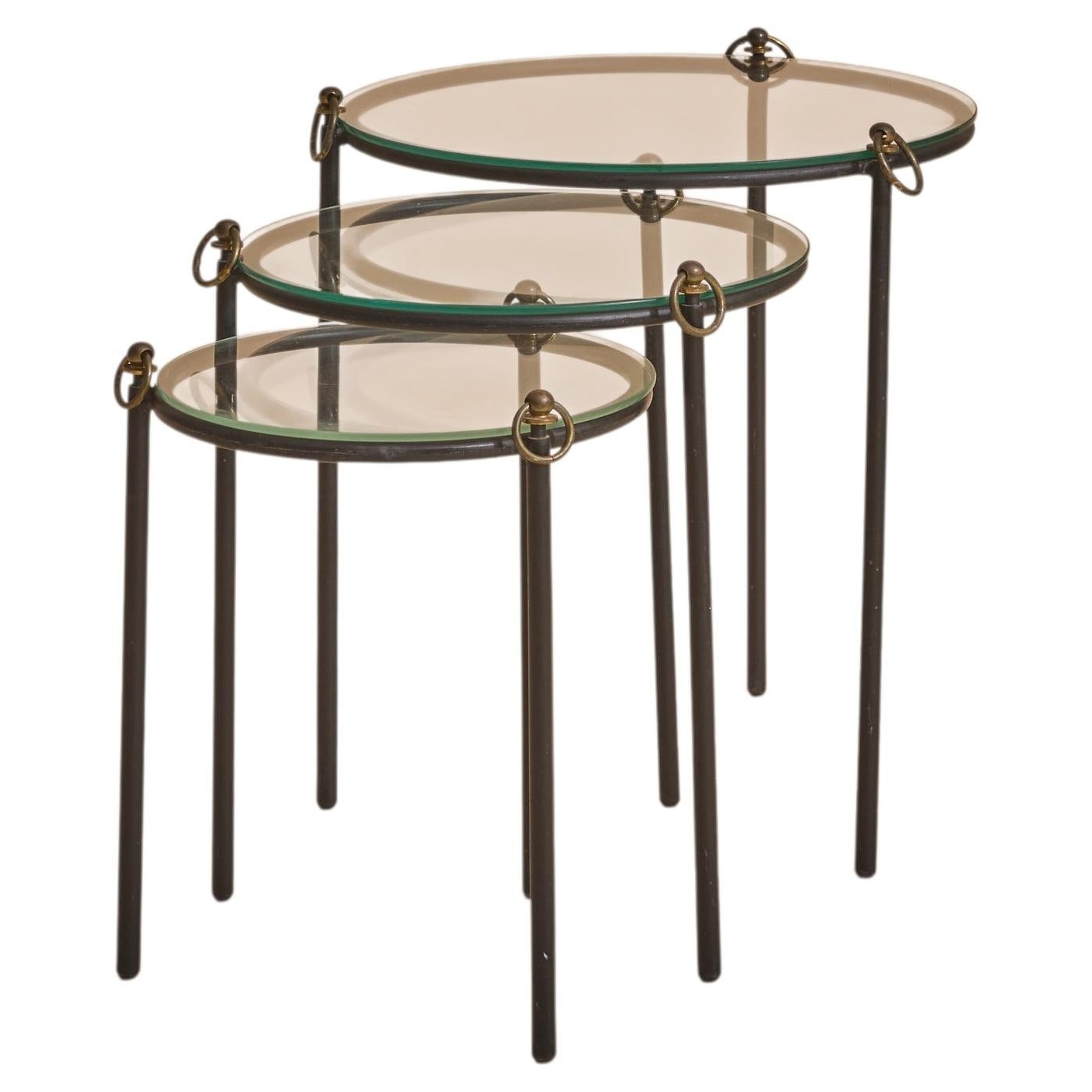 Trio of French Round Nesting Tables by Jacques Adnet, 1950s