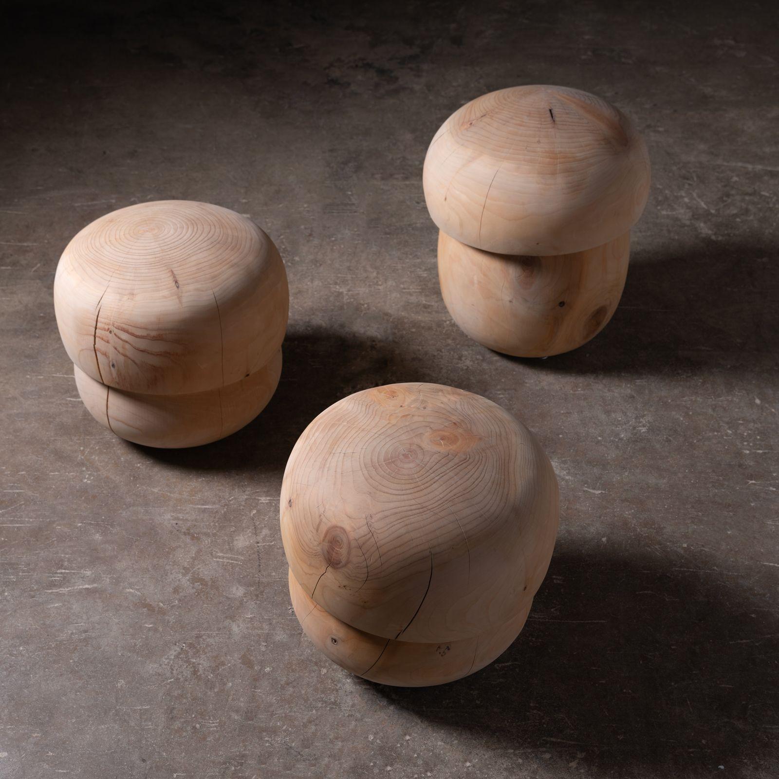 Organic Modern Trio of Fungo Mushroom Stools by Paola Navone for Riva 1920 in Solid Cedar For Sale