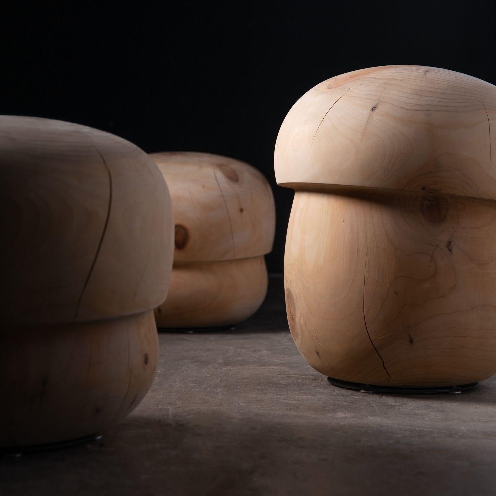 Turned Trio of Fungo Mushroom Stools by Paola Navone for Riva 1920 in Solid Cedar For Sale