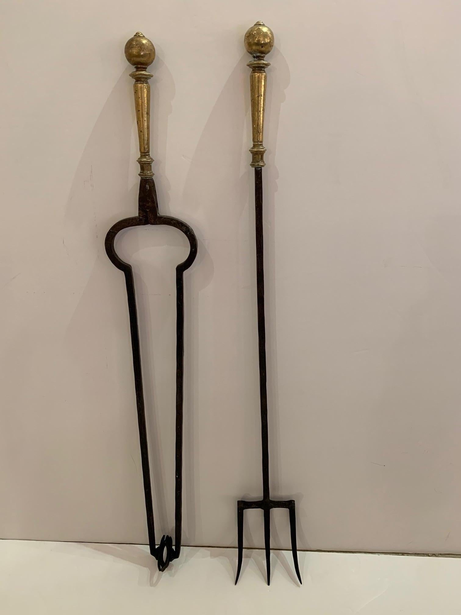 American Trio of Hand Forged Iron and Brass Antique Fireplace Tools