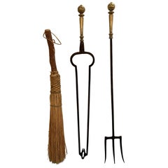 Trio of Hand Forged Iron and Brass Antique Fireplace Tools