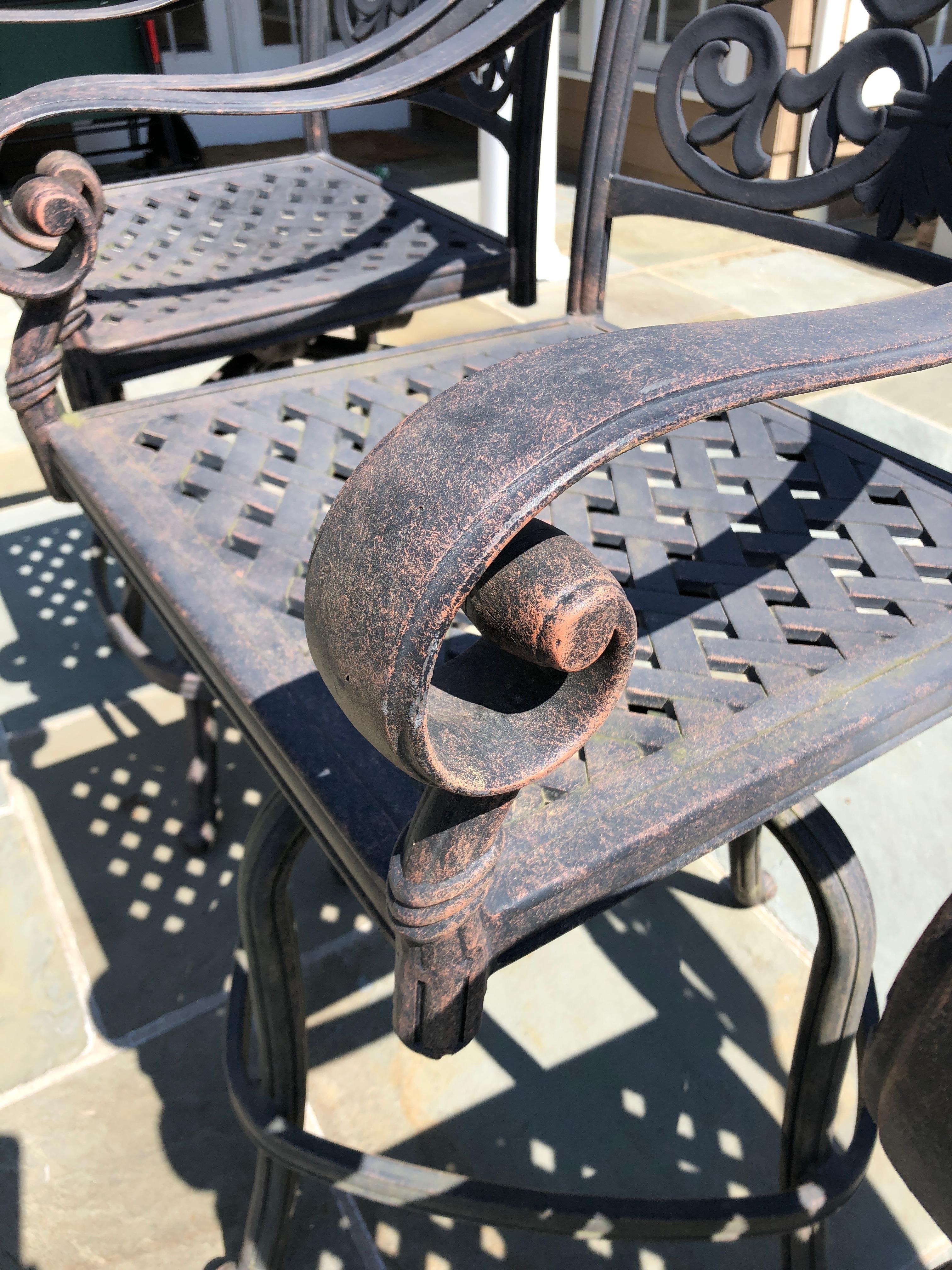 Trio of Handsome Large Outdoor Swivel Cast Aluminum Bar Stools for the Patio 3