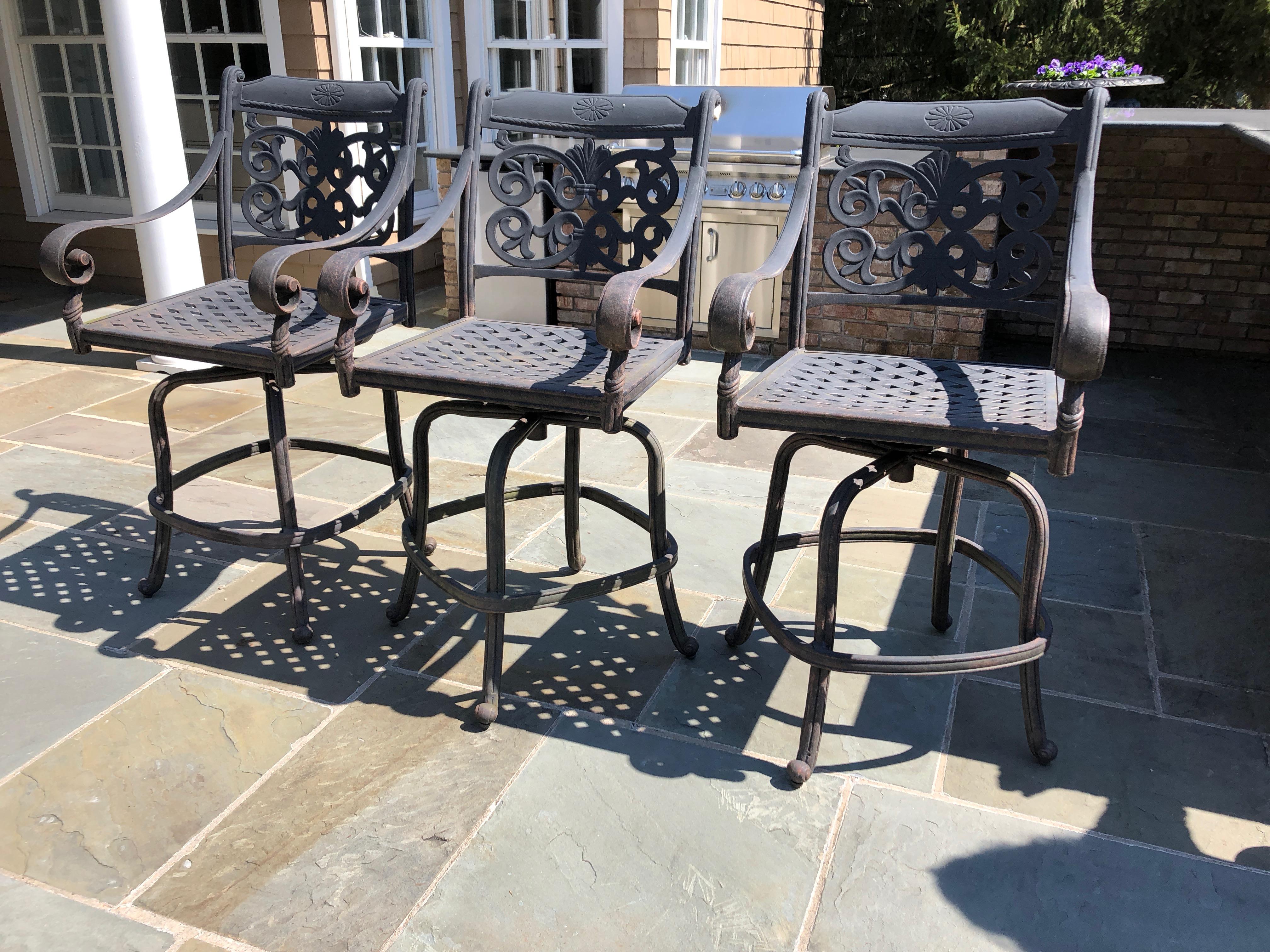 Contemporary Trio of Handsome Large Outdoor Swivel Cast Aluminum Bar Stools for the Patio