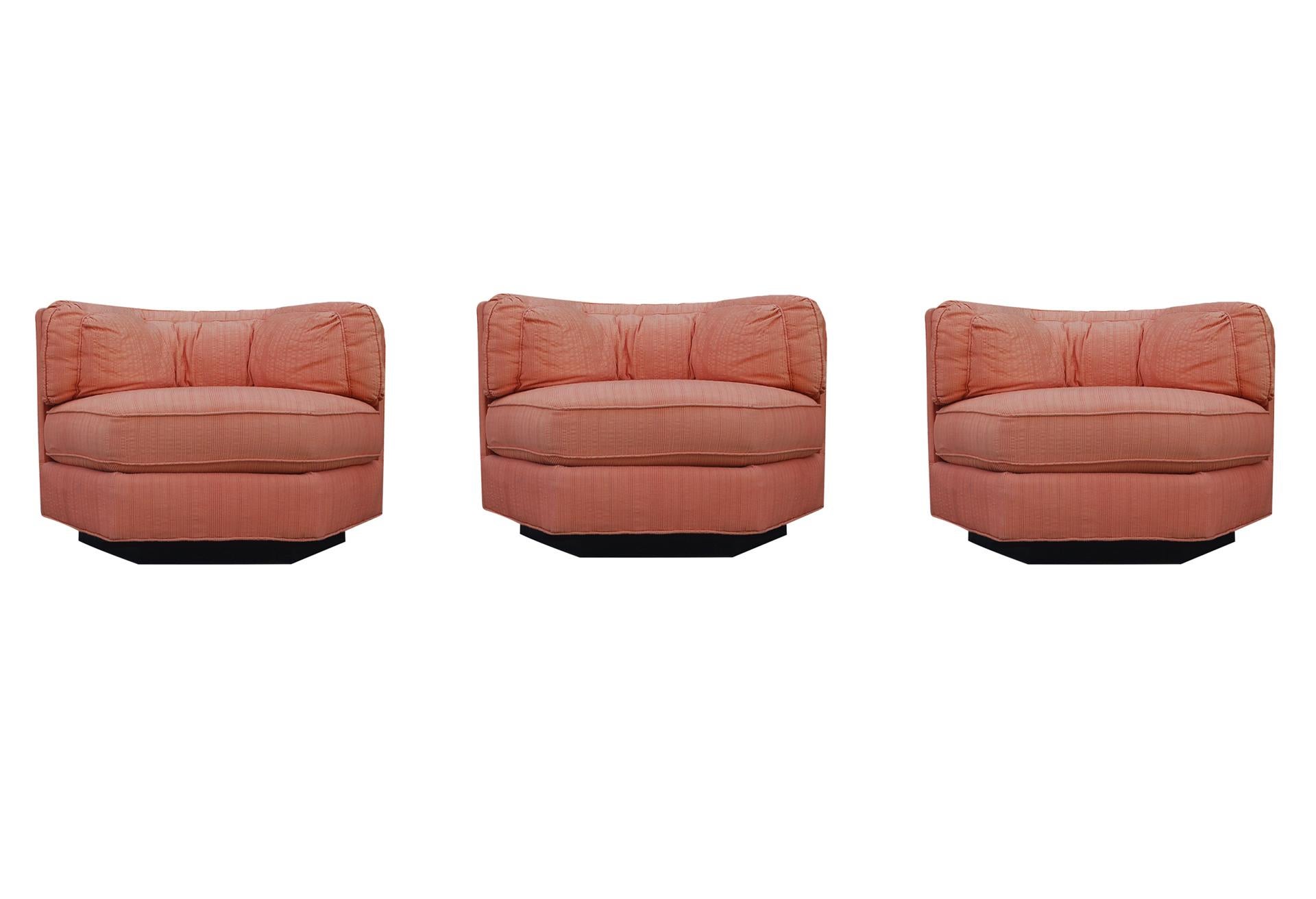 Fabric Trio of Hexagonal Mid-Century Modern Club Chairs by Bernhardt, Plinth Bases