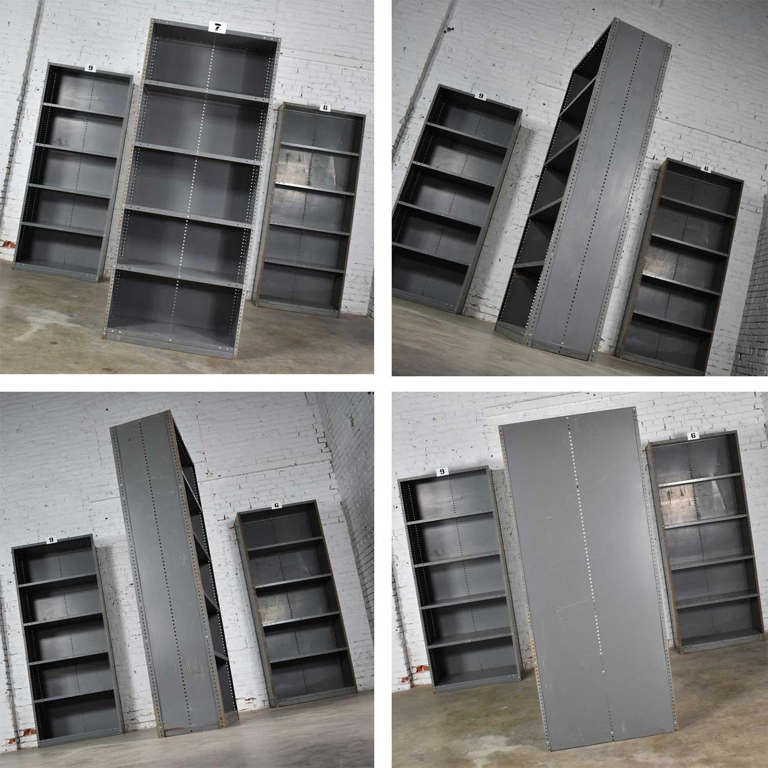 Trio of Industrial Steel Bookcase Shelving Painted Gray, Green Great Patina Vin 5