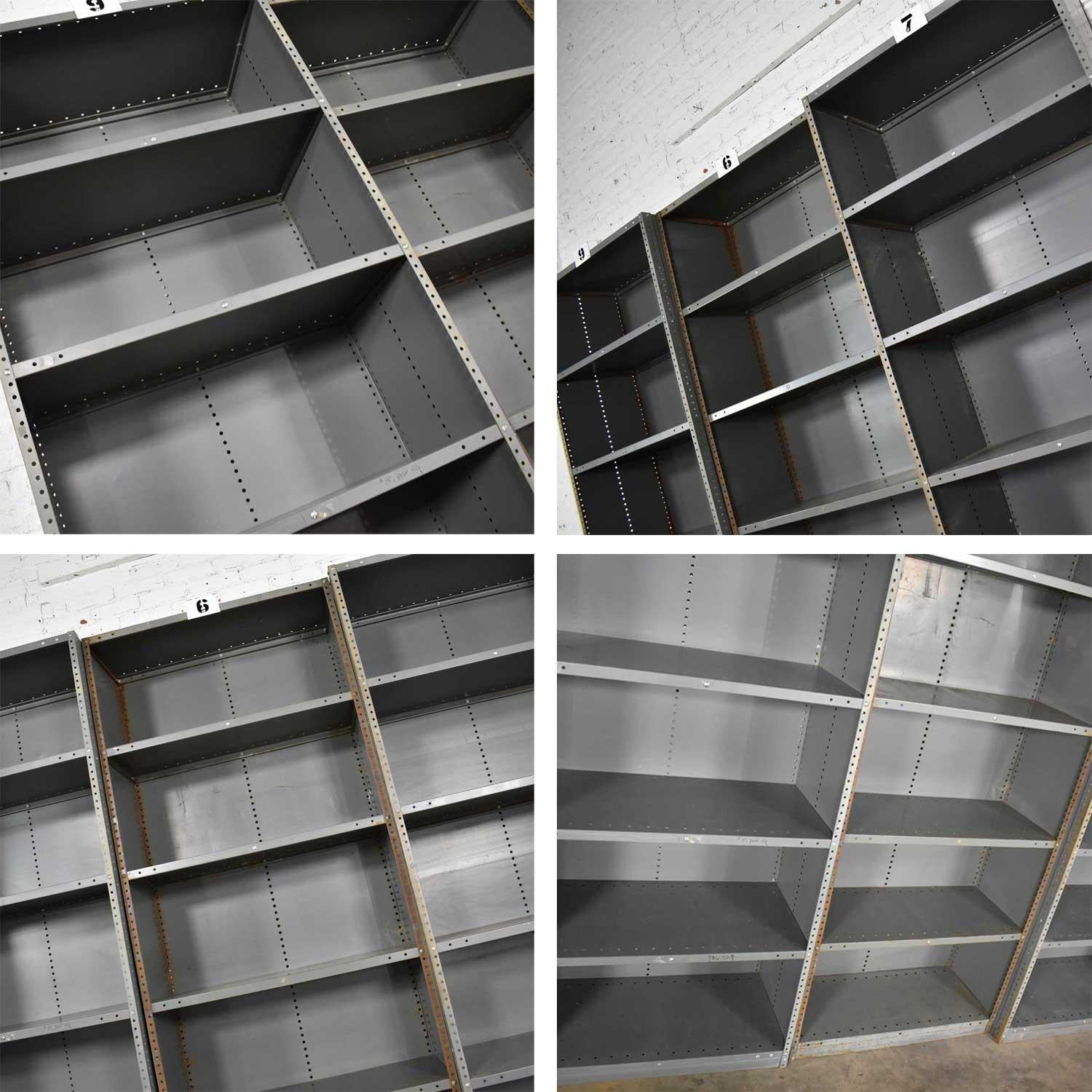 Trio of Industrial Steel Bookcase Shelving Painted Gray, Green Great Patina Vin 7
