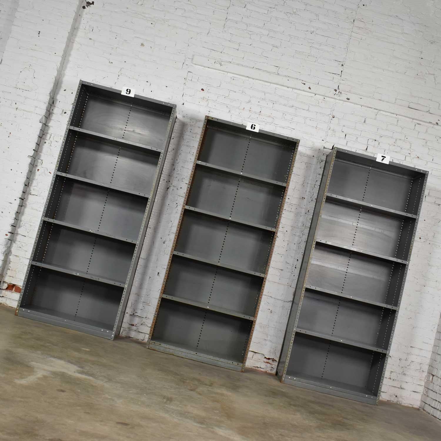 Trio of Industrial Steel Bookcase Shelving Painted Gray, Green Great Patina Vin In Fair Condition In Topeka, KS
