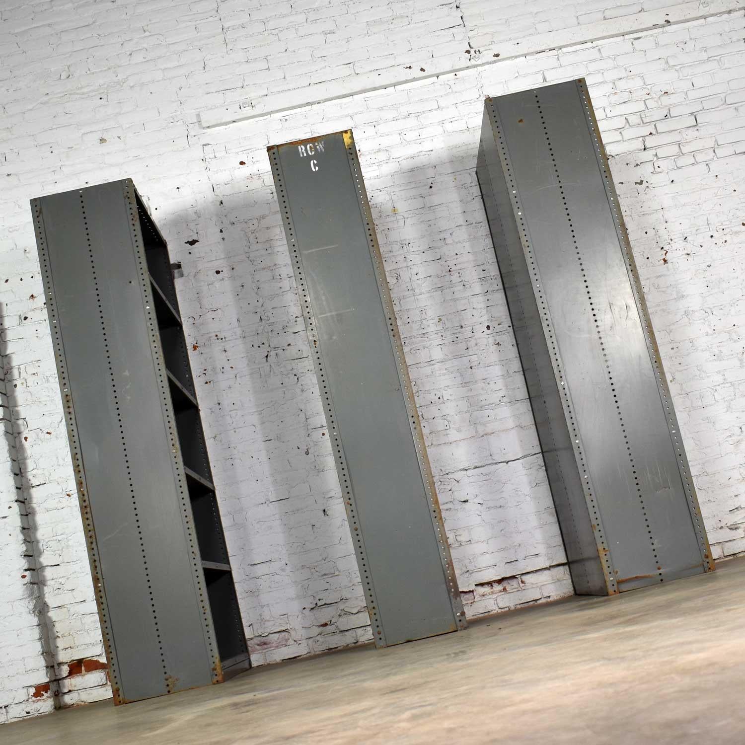 20th Century Trio of Industrial Steel Bookcase Shelving Painted Gray, Green Great Patina Vin