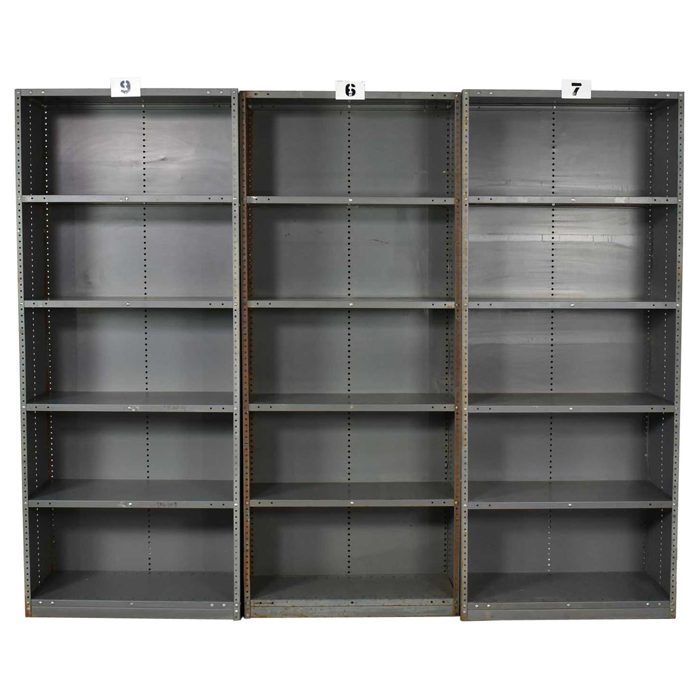Trio of Industrial Steel Bookcase Shelving Painted Gray, Green Great Patina Vin