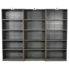 Trio of Industrial Steel Bookcase Shelving Painted Gray, Green Great Patina Vin