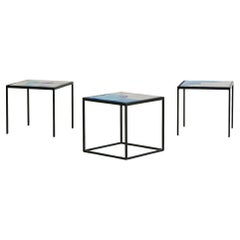Trio of Italian Metal Side Tables with Murano Azure + Lilac Glass Tops, 1960s