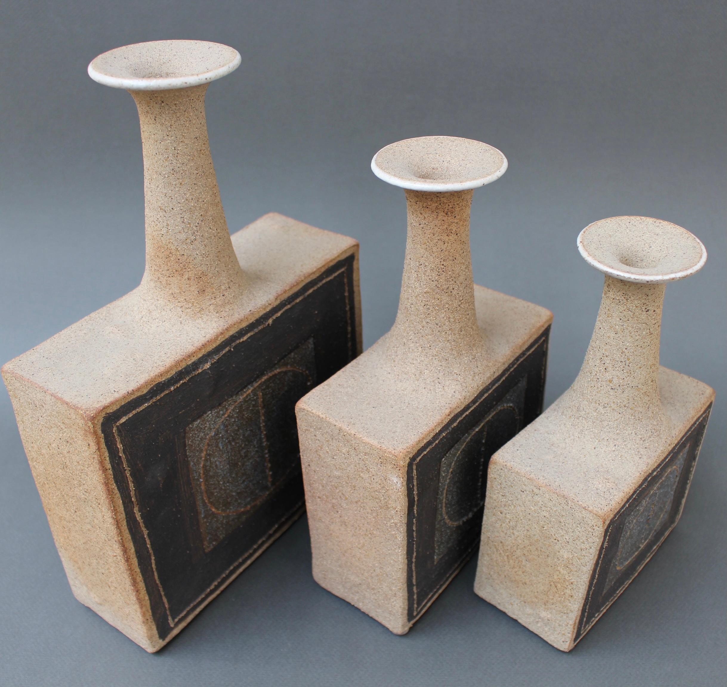 Trio of Italian Stoneware Vases with Abstract Motif by Bruno Gambone, c. 1990s For Sale 14