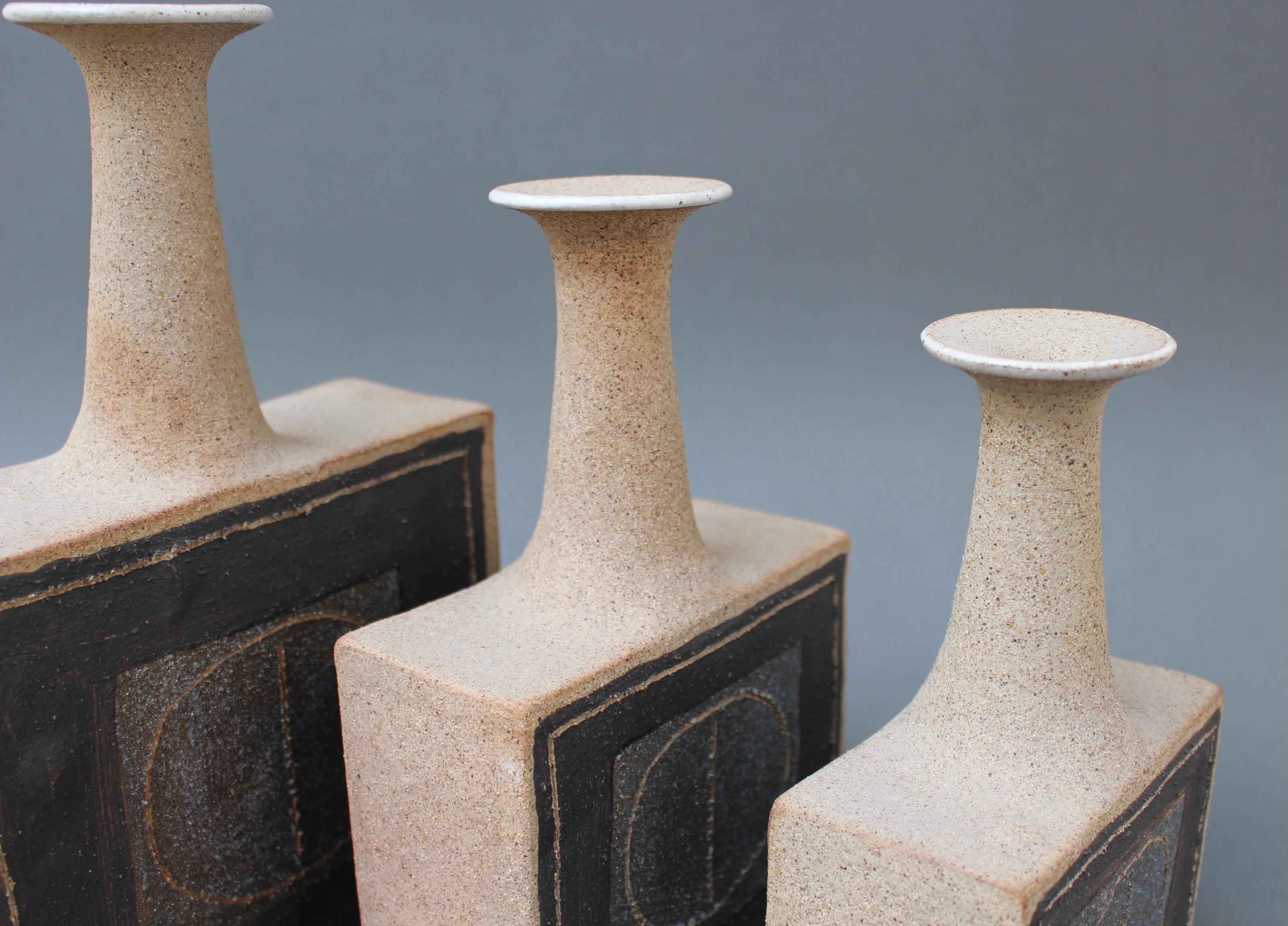 Trio of Italian Stoneware Vases with Abstract Motif by Bruno Gambone, c. 1990s For Sale 15