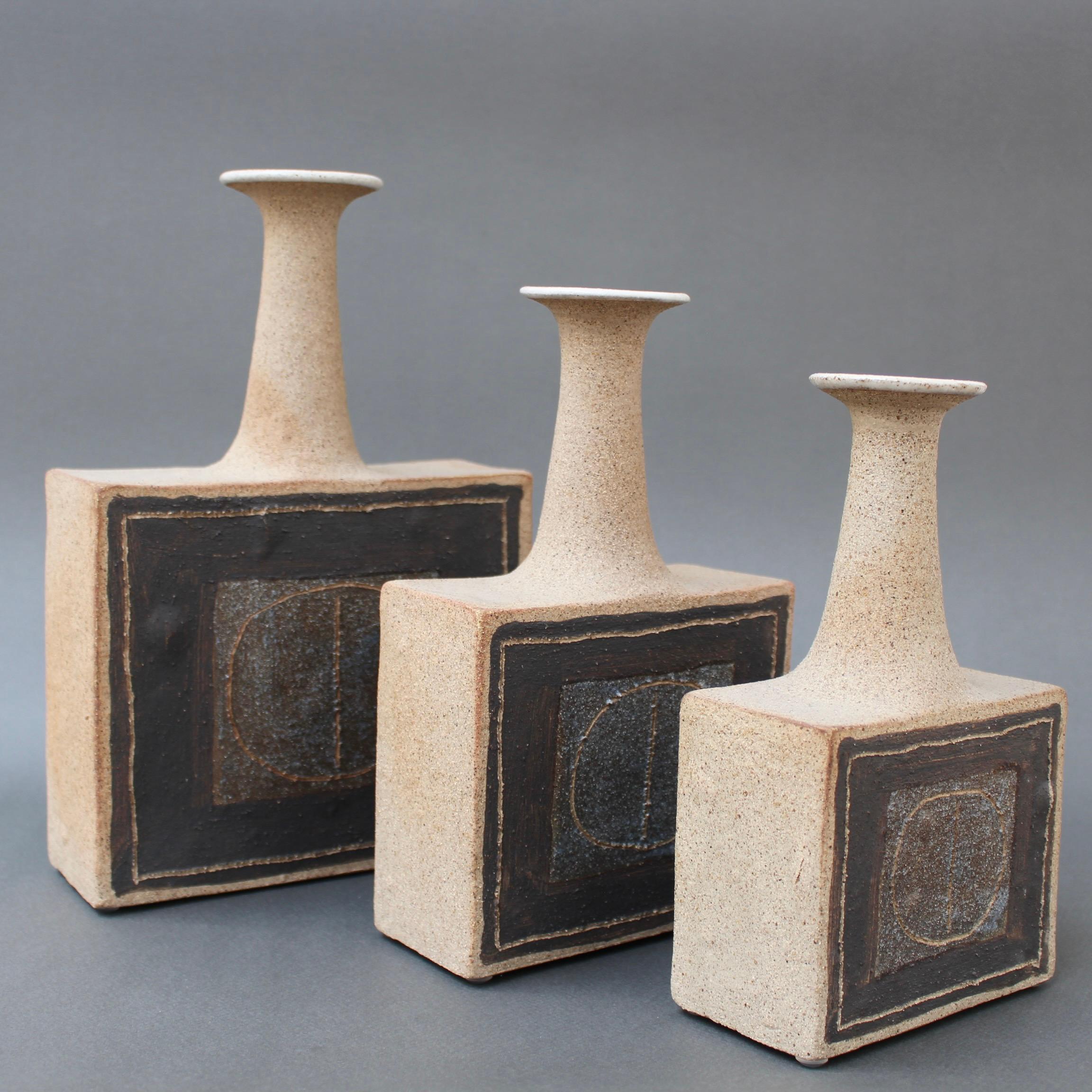 Late 20th Century Trio of Italian Stoneware Vases with Abstract Motif by Bruno Gambone, c. 1990s For Sale