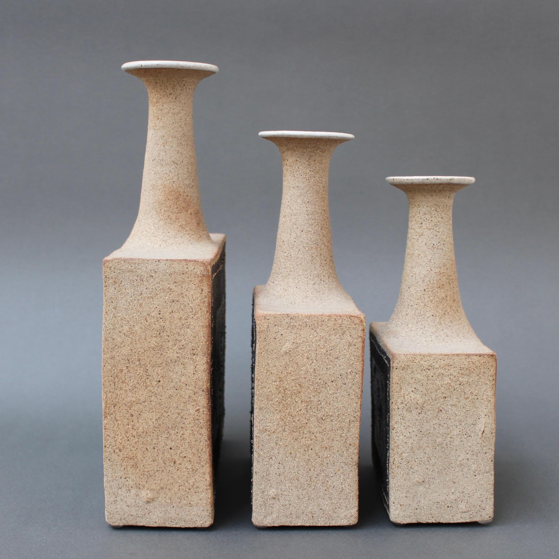 Sandstone Trio of Italian Stoneware Vases with Abstract Motif by Bruno Gambone, c. 1990s For Sale