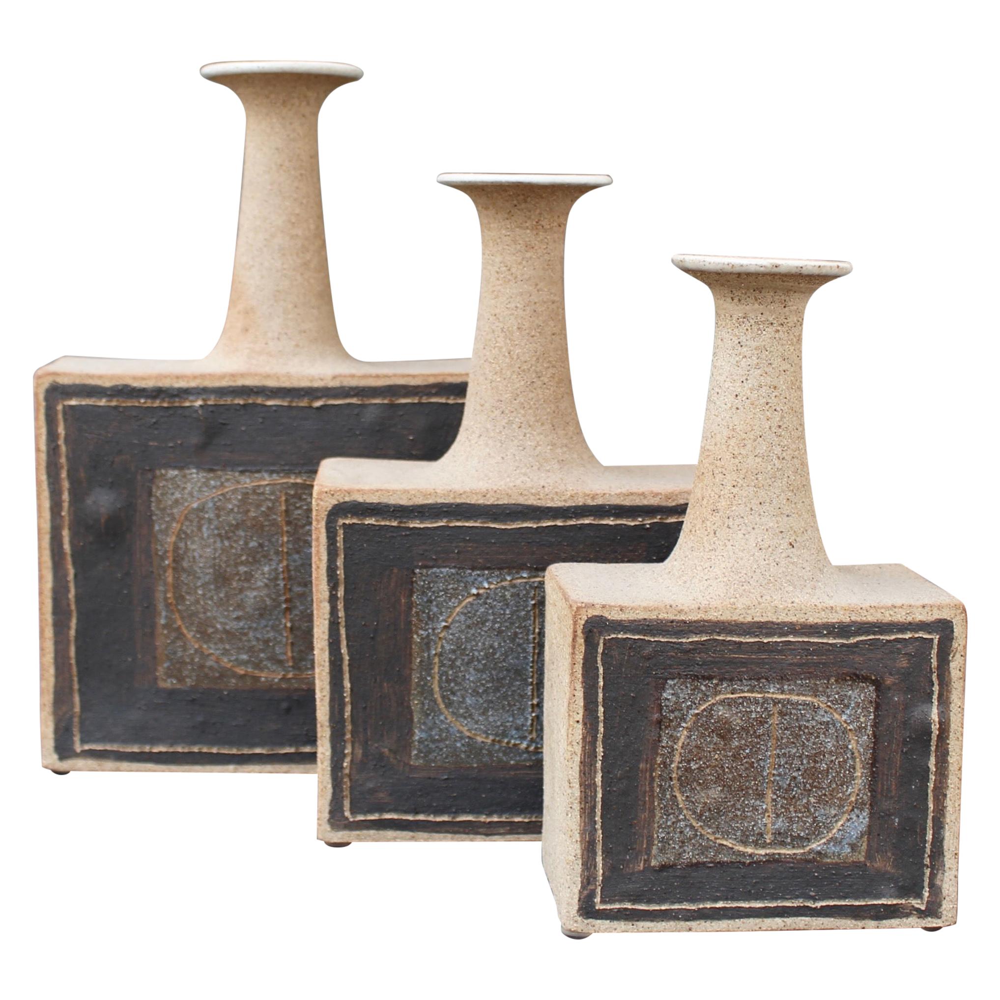 Trio of Italian Stoneware Vases with Abstract Motif by Bruno Gambone, c. 1990s