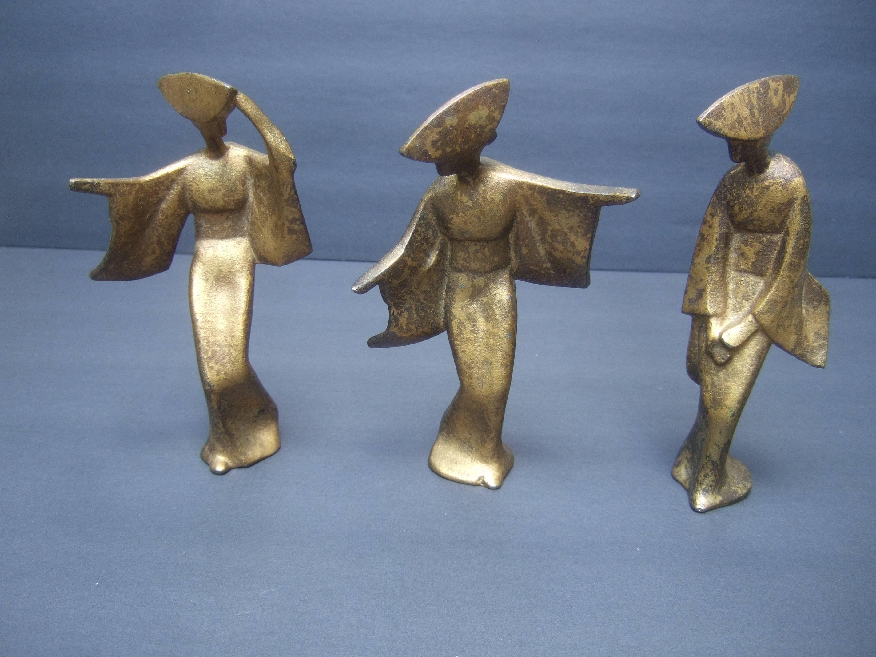 Trio of Japanese Style Geshia Cast Iron Gilded Figures circa 1960 7