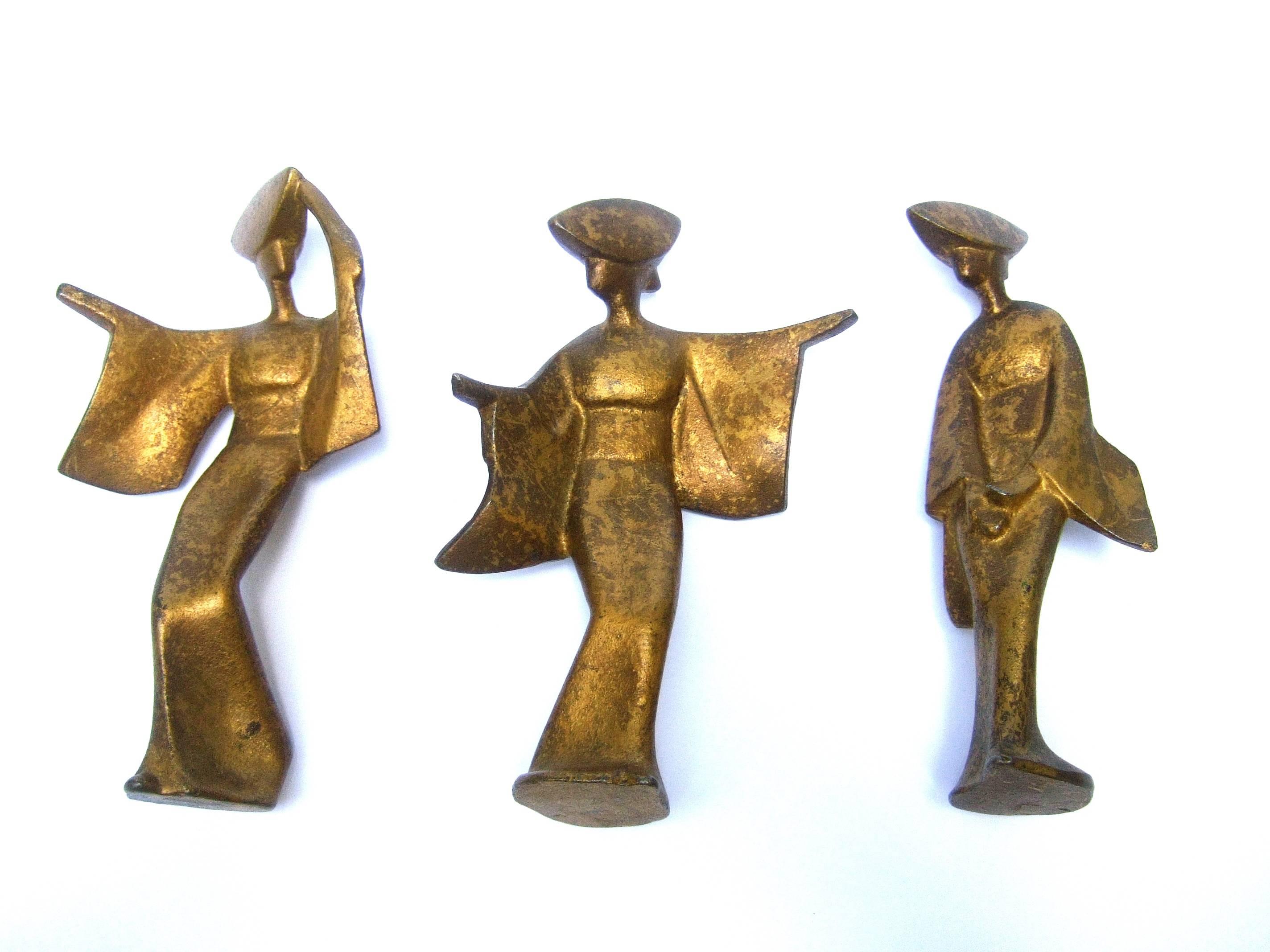 Brown Trio of Japanese Style Geshia Cast Iron Gilded Figures circa 1960