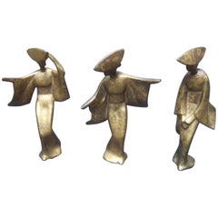 Vintage Trio of Japanese Style Geshia Cast Iron Gilded Figures circa 1960