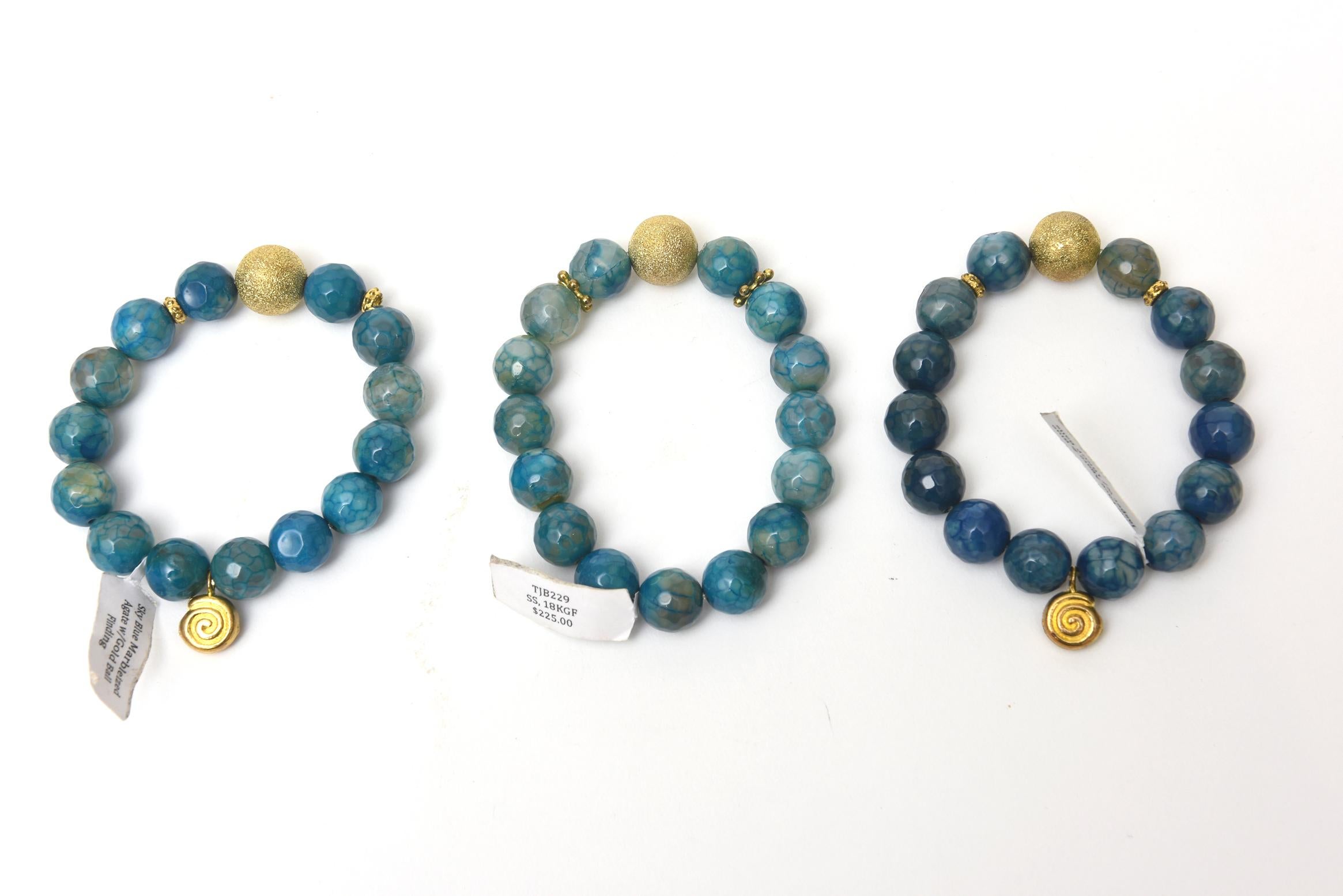 Trio of Jeweler Custom Made Beaded Blue Sapphire Agate Gold Ball Bracelets  For Sale 4