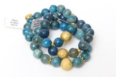Trio of Jeweler Custom Made Beaded Blue Sapphire Agate Gold Ball Bracelets
