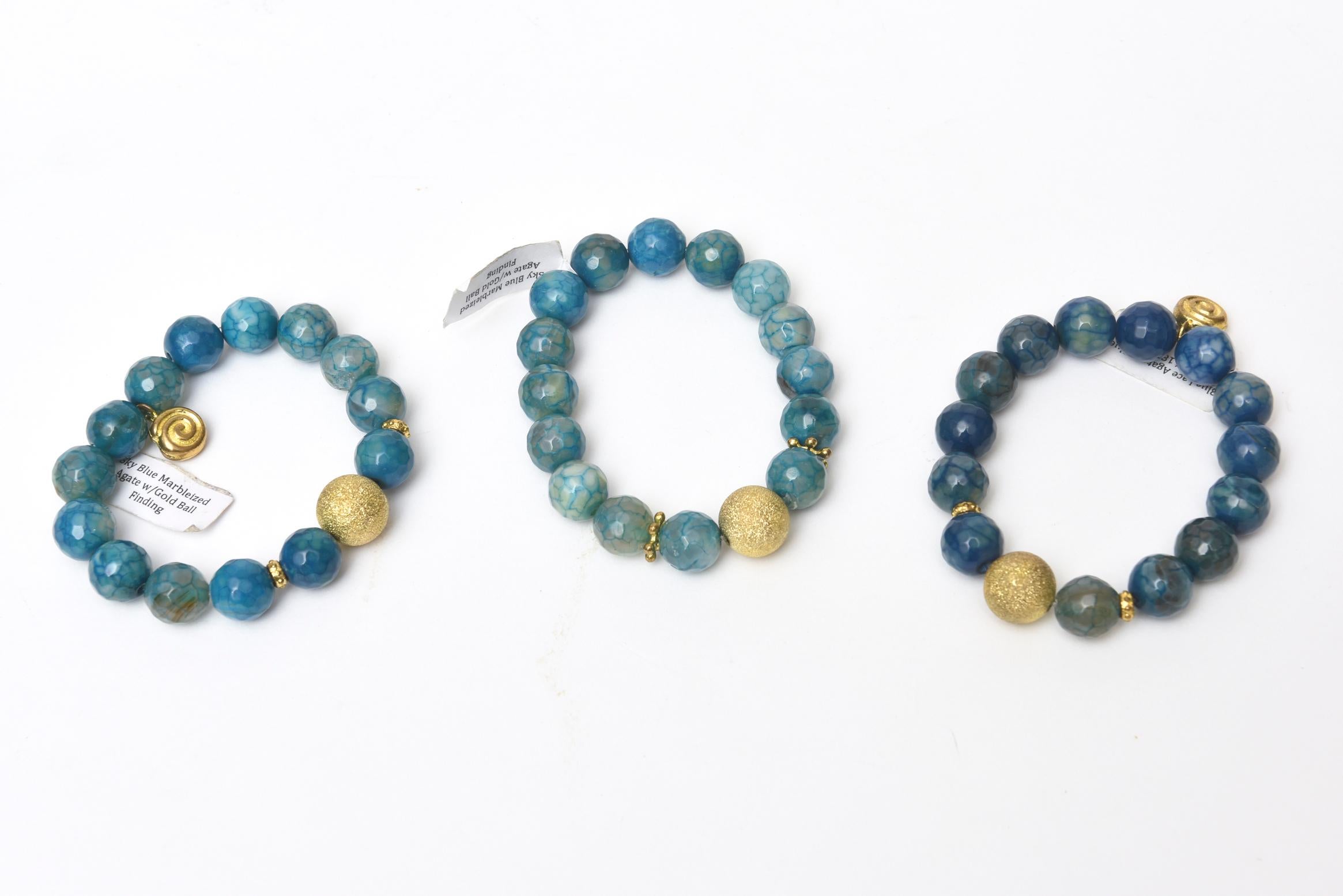 Modern Trio of Jeweler Custom Made Beaded Blue Sapphire Agate Gold Ball Bracelets  For Sale