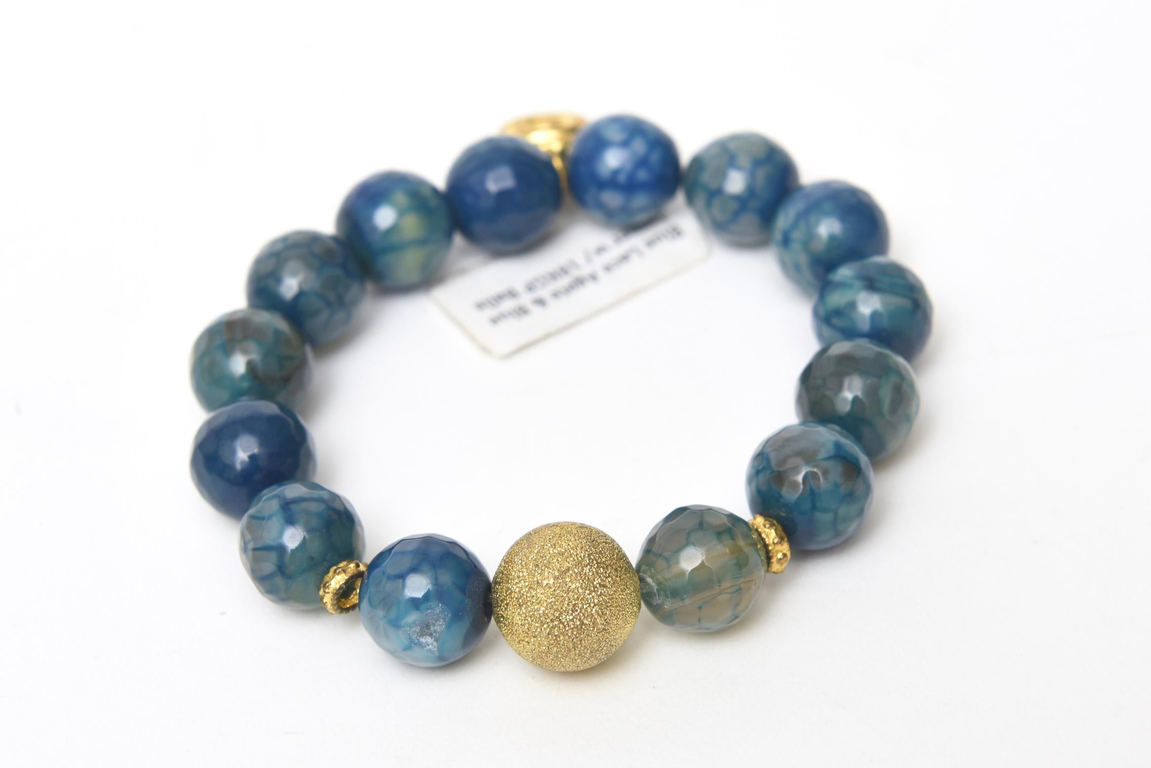 Women's Trio of Jeweler Custom Made Beaded Blue Sapphire Agate Gold Ball Bracelets  For Sale