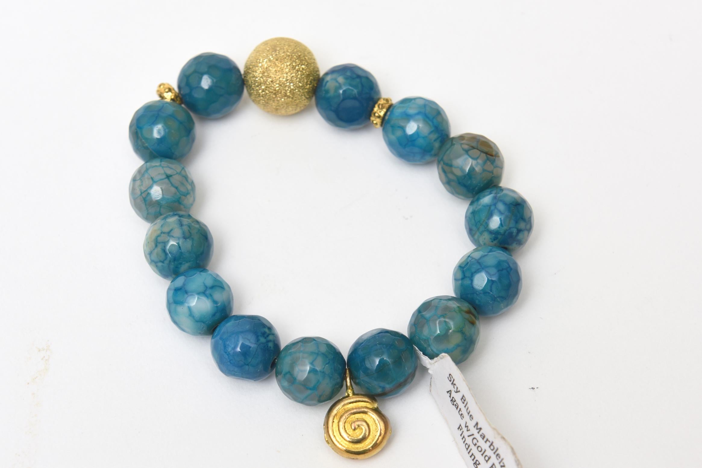 Trio of Jeweler Custom Made Beaded Blue Sapphire Agate Gold Ball Bracelets  For Sale 1