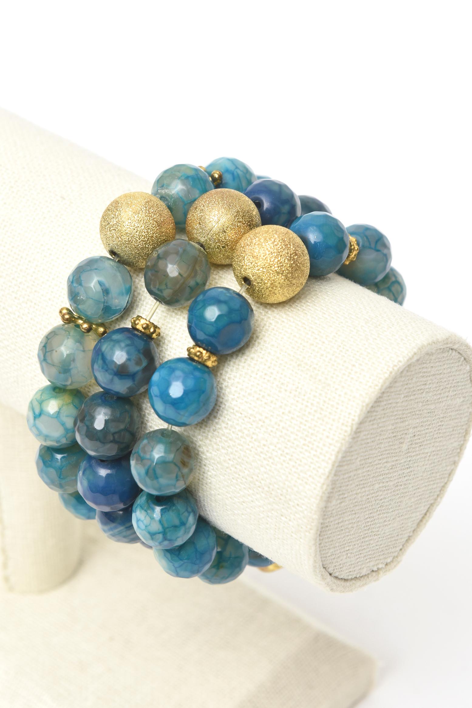 Trio of Jeweler Custom Made Beaded Blue Sapphire Agate Gold Ball Bracelets  For Sale 2