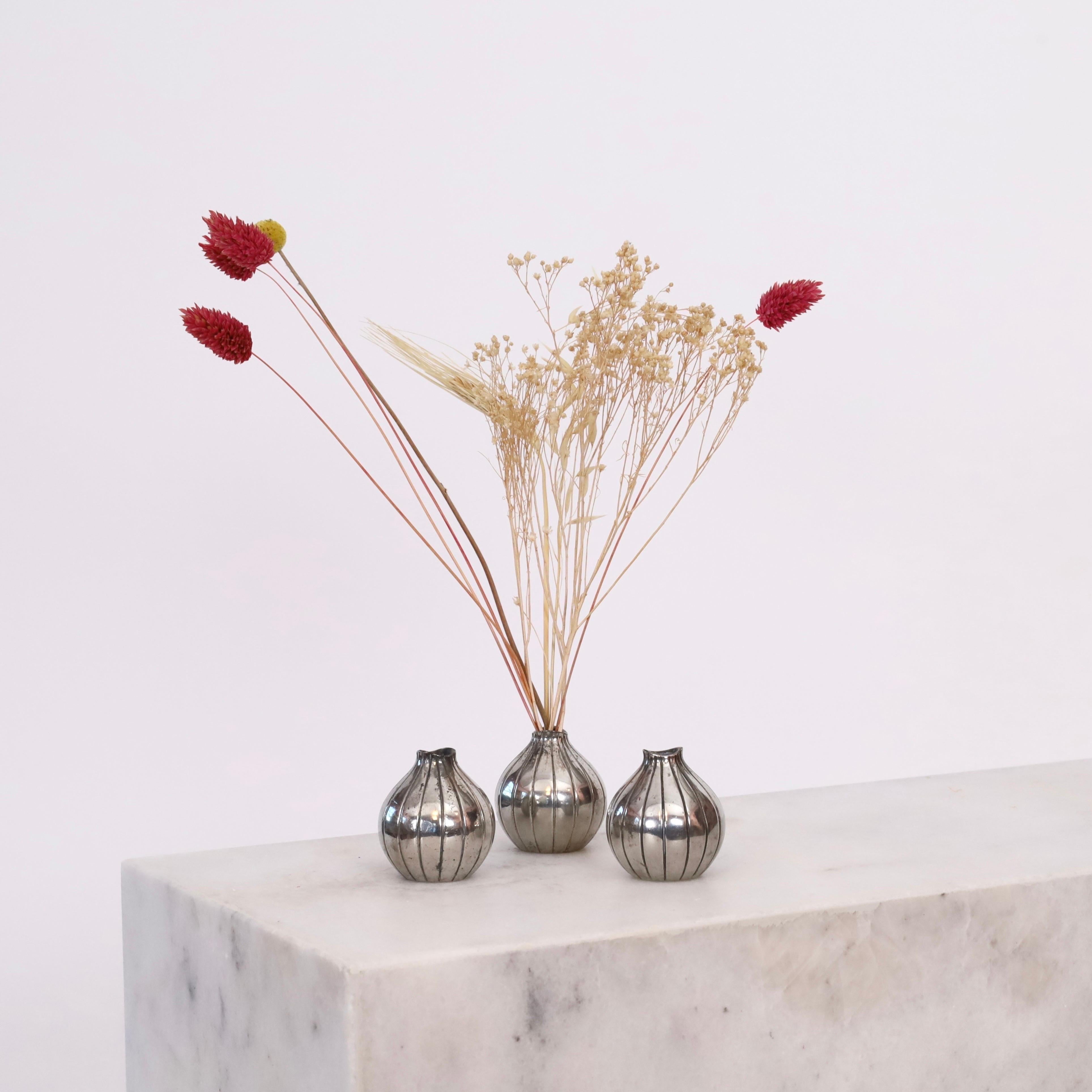 Mid-20th Century Trio of Just Andersen pewter vases by designed by Arne Erkers, 1950s, Denmark For Sale