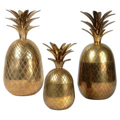 Trio of Large Chiseled Brass Pineapple Sculpture Boxes