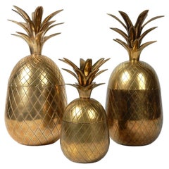 Trio of Large Chiseled Brass Pineapple Sculpture Boxes