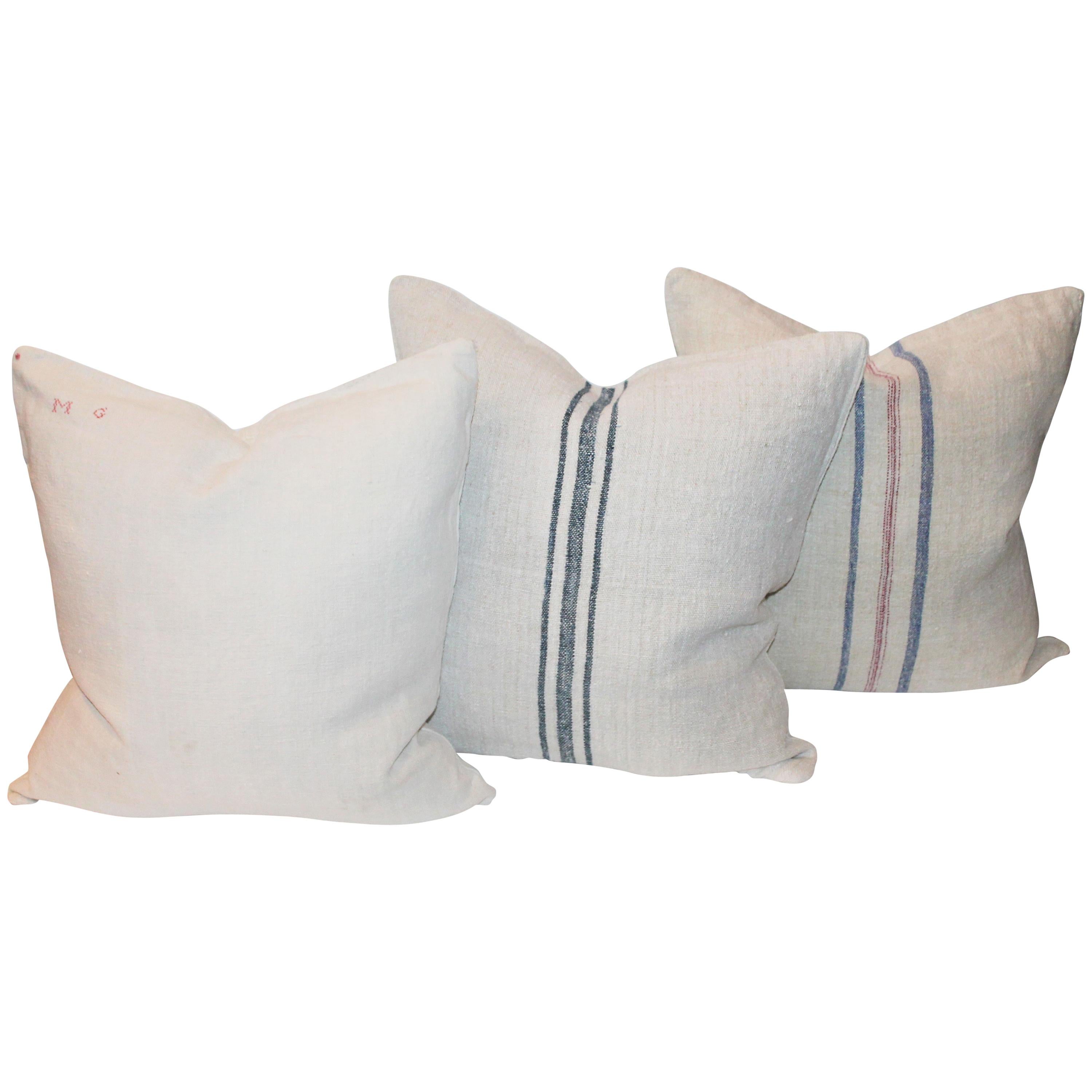 Trio of Linen Pillows, Vintage