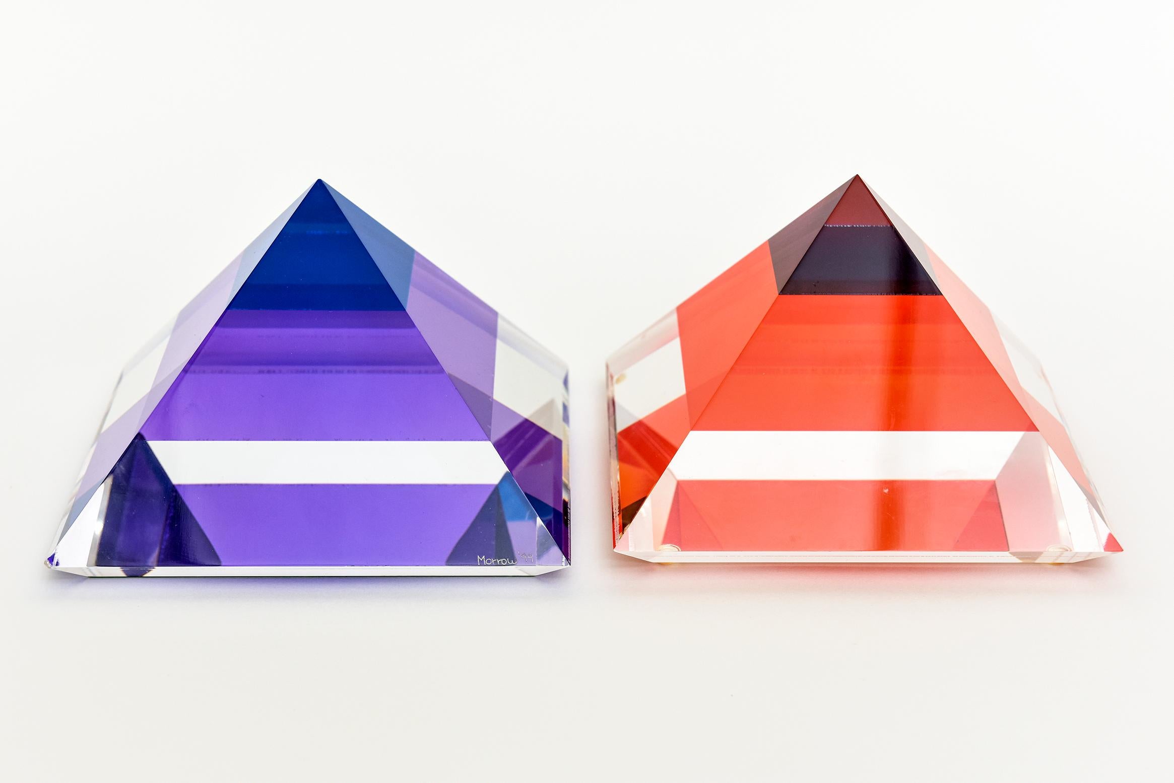 Modern Set of Three Lucite Pyramid Sculptures Orange, Purple, Sapphire Blue 1990's For Sale