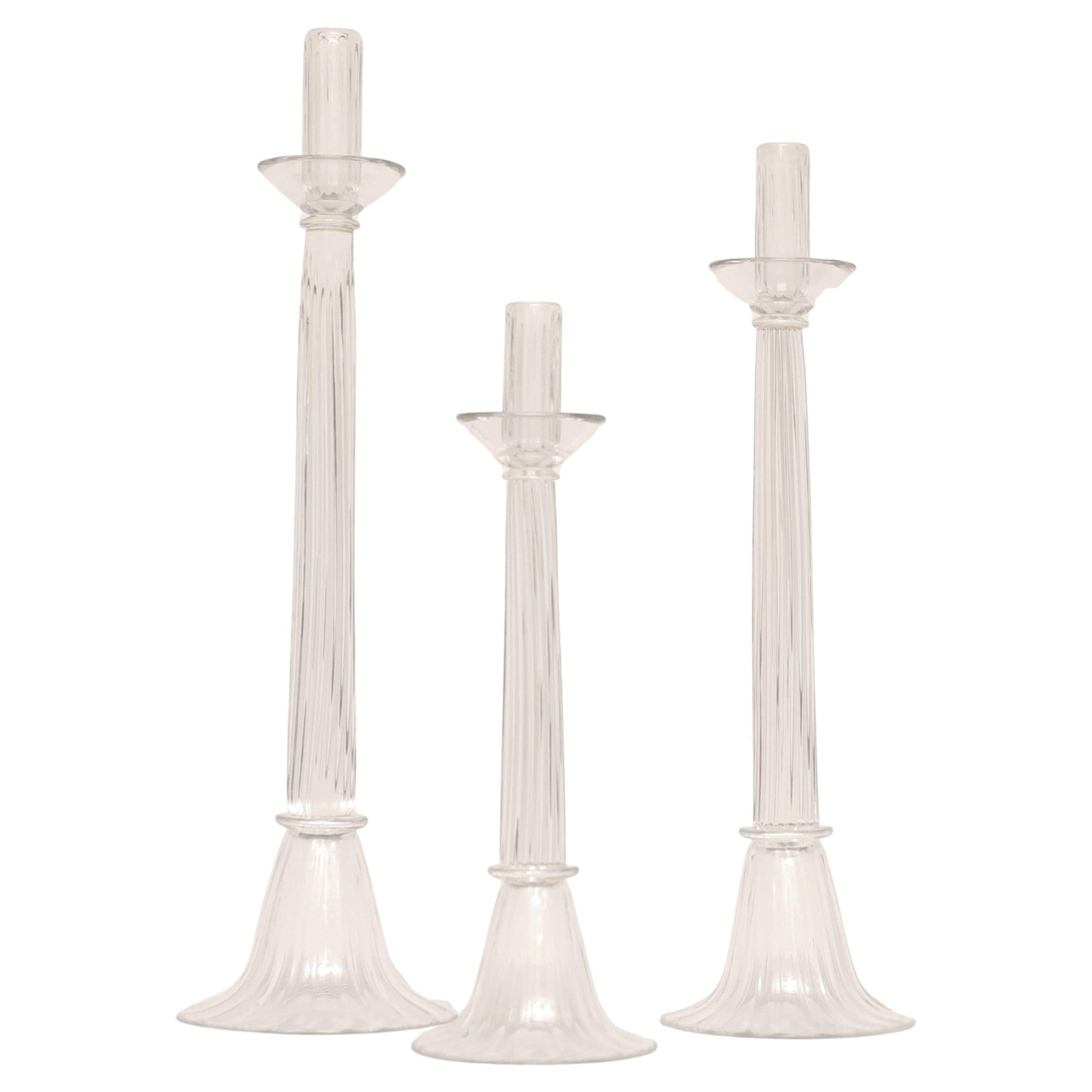 Trio of Luigi Mellara Clear Murano Glass Candleholders For Sale