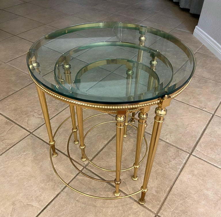 Trio of Maison Jansen French Round Brass Nesting Tables For Sale 6