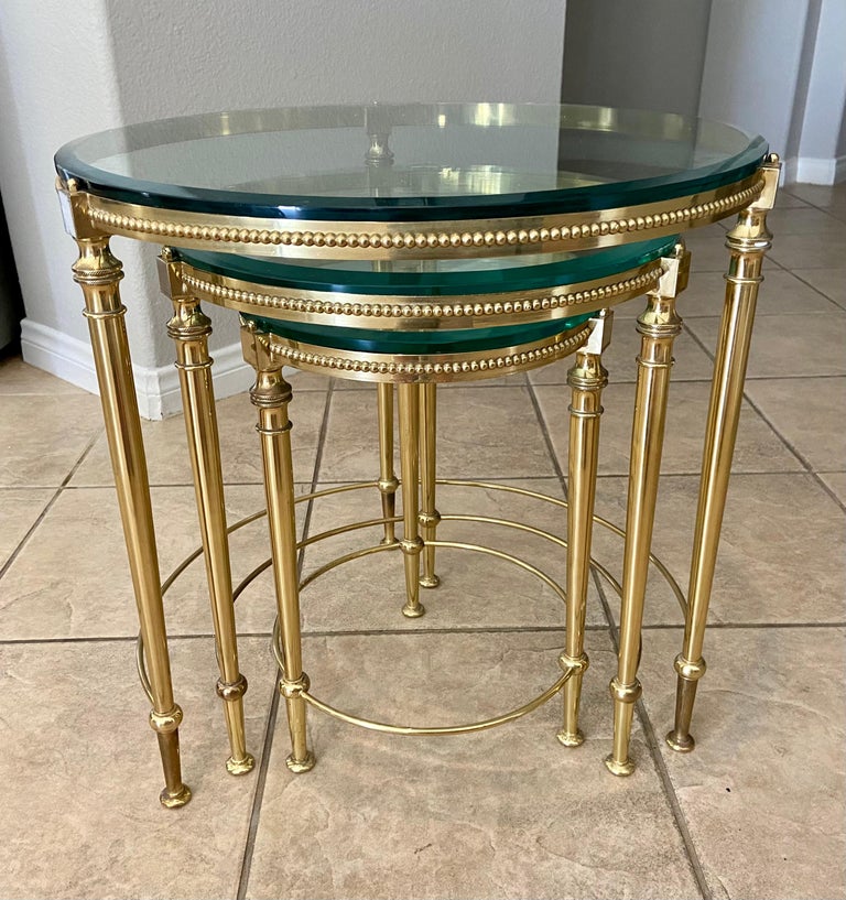 Trio of Maison Jansen French Round Brass Nesting Tables For Sale 7