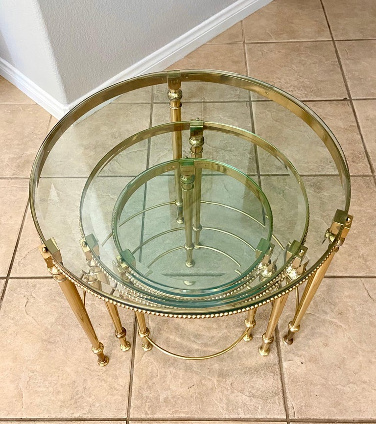 Trio of Maison Jansen French Round Brass Nesting Tables For Sale 8