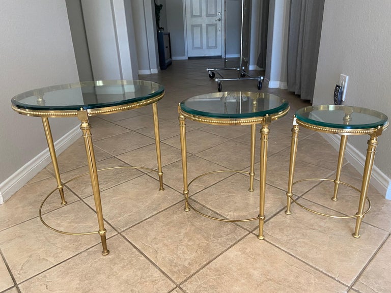 Trio of Maison Jansen French Round Brass Nesting Tables For Sale 9