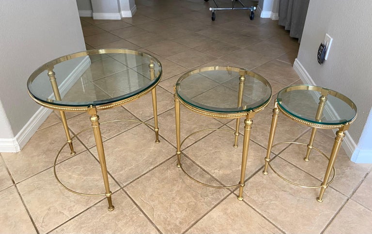 Trio of Maison Jansen French Round Brass Nesting Tables For Sale 10