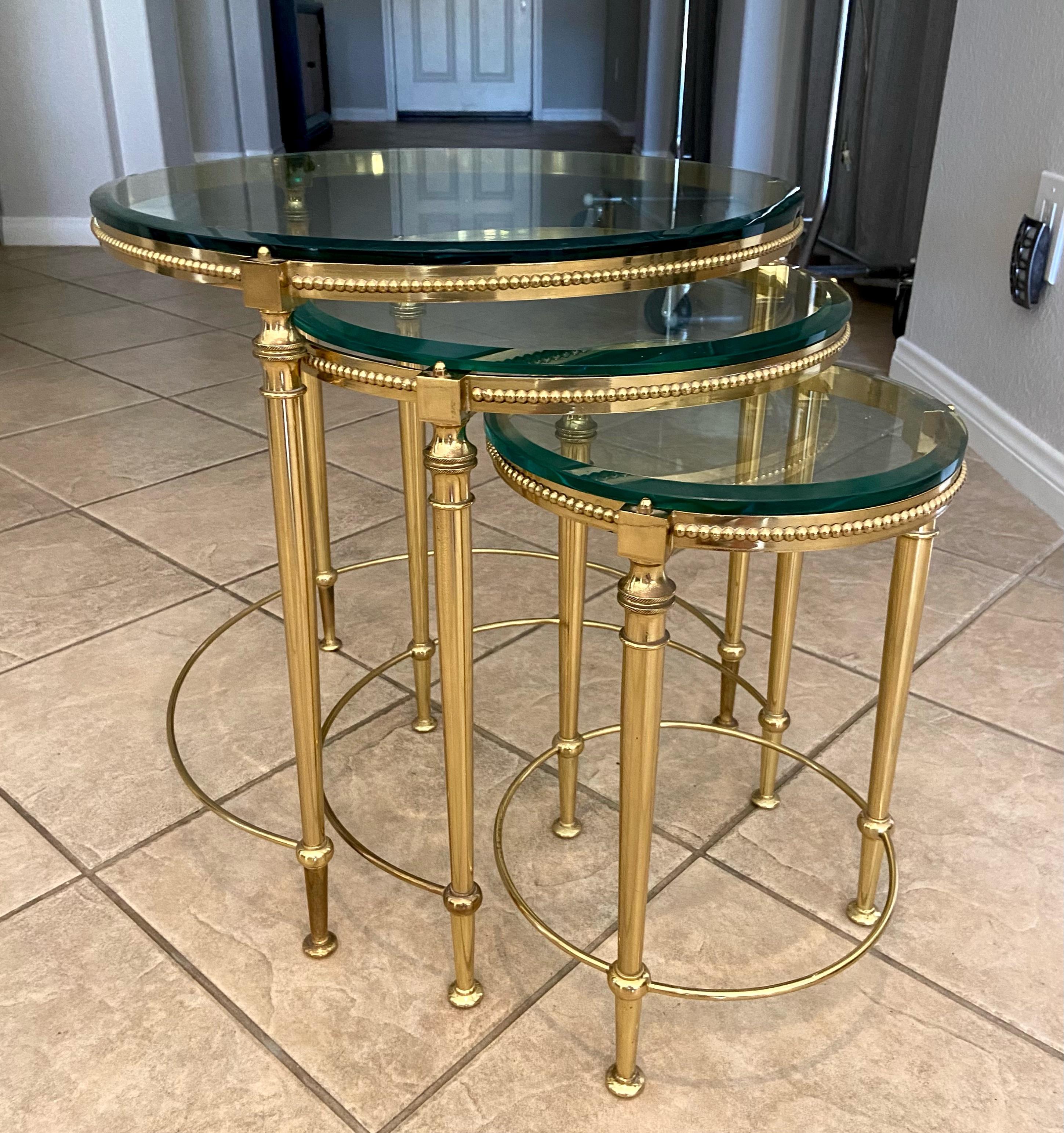 Trio of Maison Jansen French Round Brass Nesting Tables For Sale 15