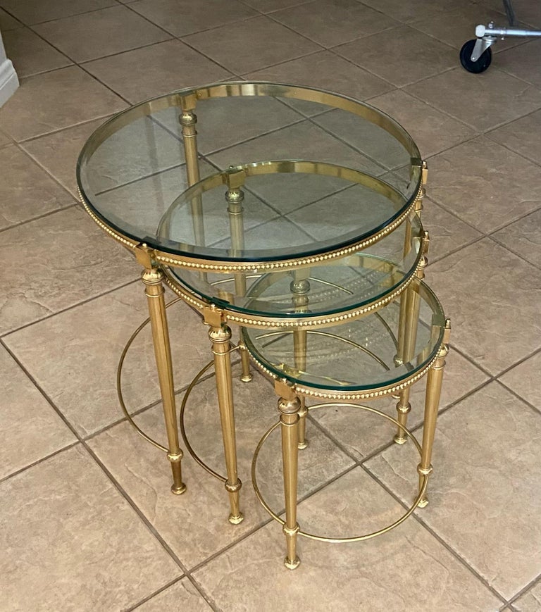 Trio of Maison Jansen French Round Brass Nesting Tables In Good Condition For Sale In Palm Springs, CA