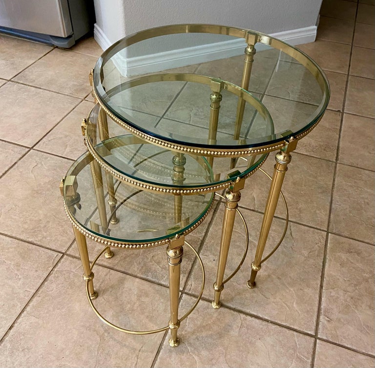 Late 20th Century Trio of Maison Jansen French Round Brass Nesting Tables For Sale