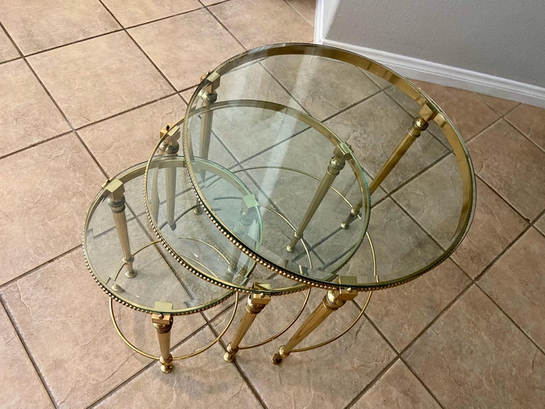 Trio of Maison Jansen French Round Brass Nesting Tables For Sale 1